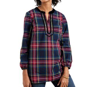 Talbots NWOT Split Neck Tunic Cabin Plaid Velvet Trim 100% Cotton Size 2Xp